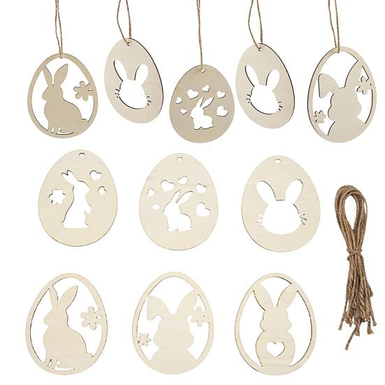 14Pcs Oval Wooden Easter Hanging Decoration DIY Handmade Unfinished Flower Love Heart Rabbit Egg Ornament Holiday Party Decor