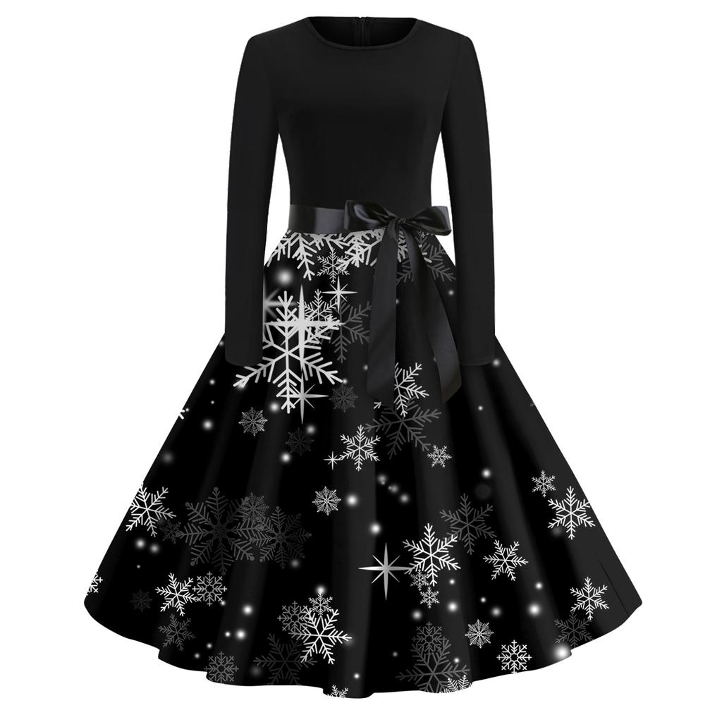 Christmas Print Flare Dress For Women Long Sleeve Dress Hollow Party Casual Dresses