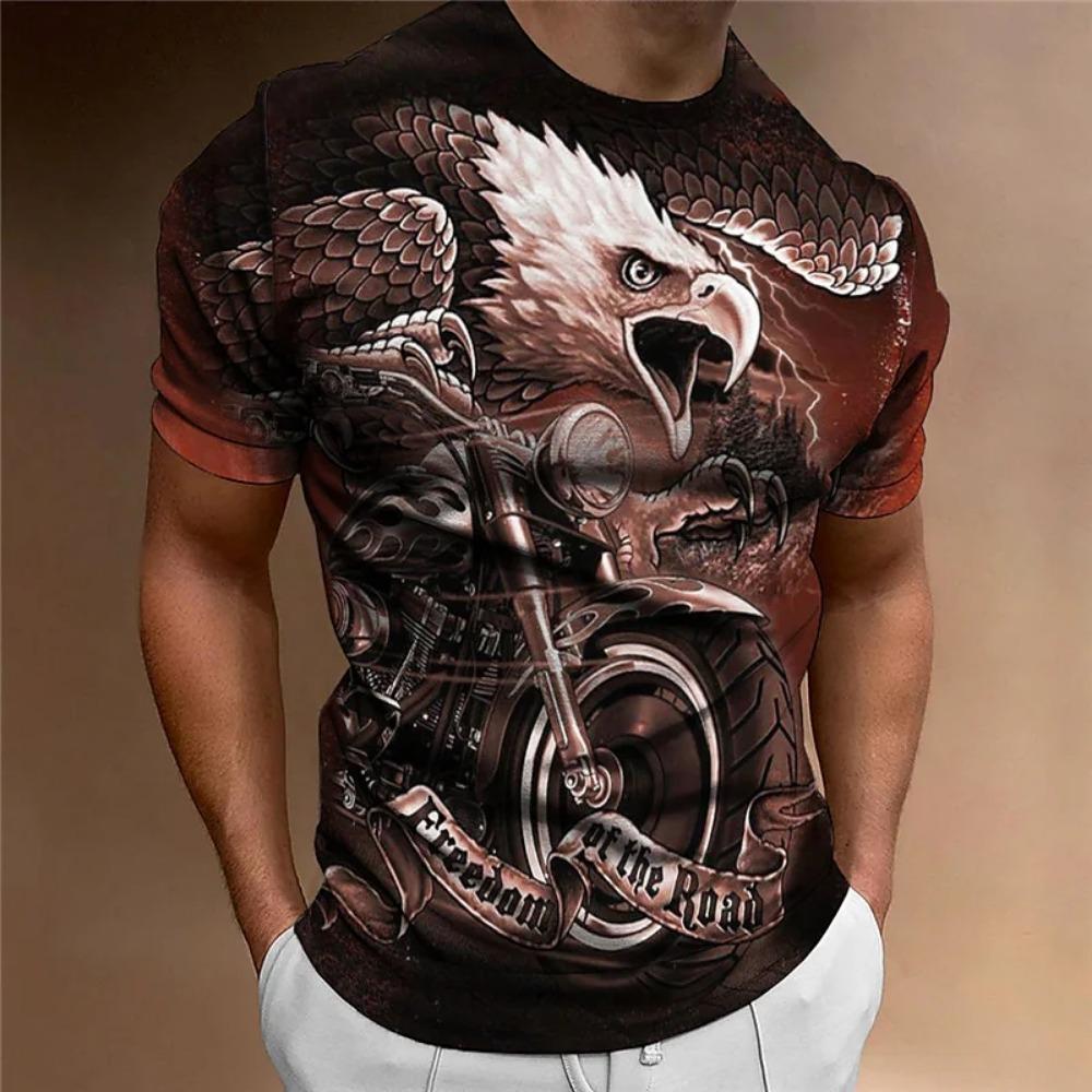 Men's Animal Pattern T-Shirt, Eagle, Motorcycle, 3D Print, Vintage Trendy Loose Large Size Casual Street Short Sleeve Top