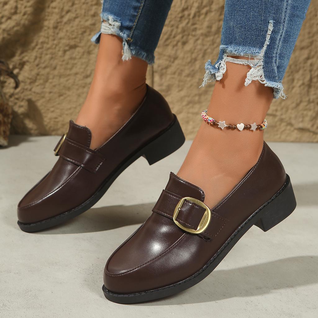43 Plus Size Metal Buckle Small Leather Shoes Women's 2025 Autumn New Thick Heel Low Top
