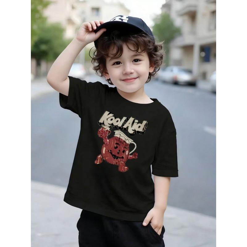 

European sizes Vintage Kool Aid for Man Graphic Print Boys T Shirt, Casual Loose Fit Black Cotton Short Sleeve Tee for Kids 98cm чёрный