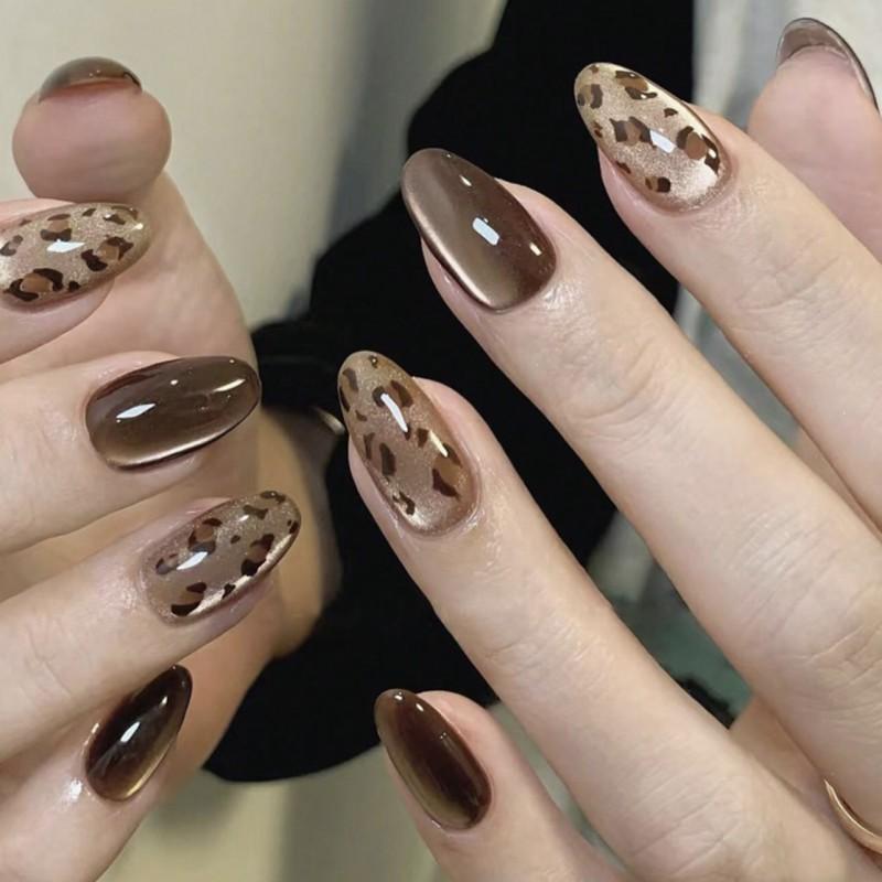 Hot Selling Autumn Winter Wearing Nail Art Short Almond Leopard Print Cat Eye Piece
