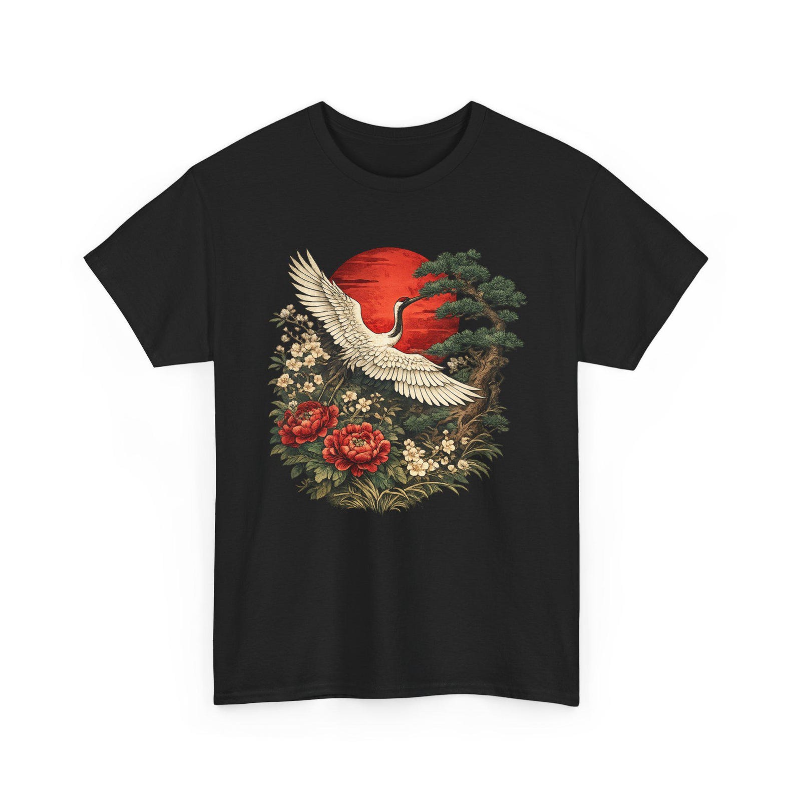 Japanese Crane T Shirt Vintage Red Sun Floral Bird Graphic Tee Oriental Art Style Shirt L