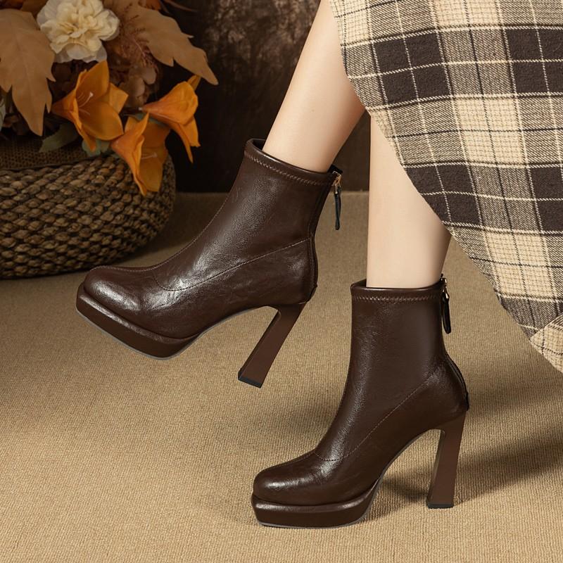 Fashion Square Heel Boots Autumn New Round Toe Spliced Rear Zipper Platform Anti-Slip Wear-Resistant High Heels