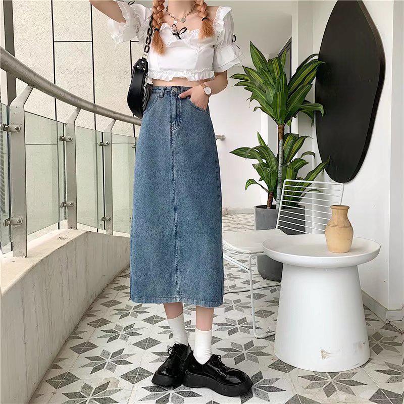 Autumn 2024 Women's High Waist A-Line Denim Midi Skirt