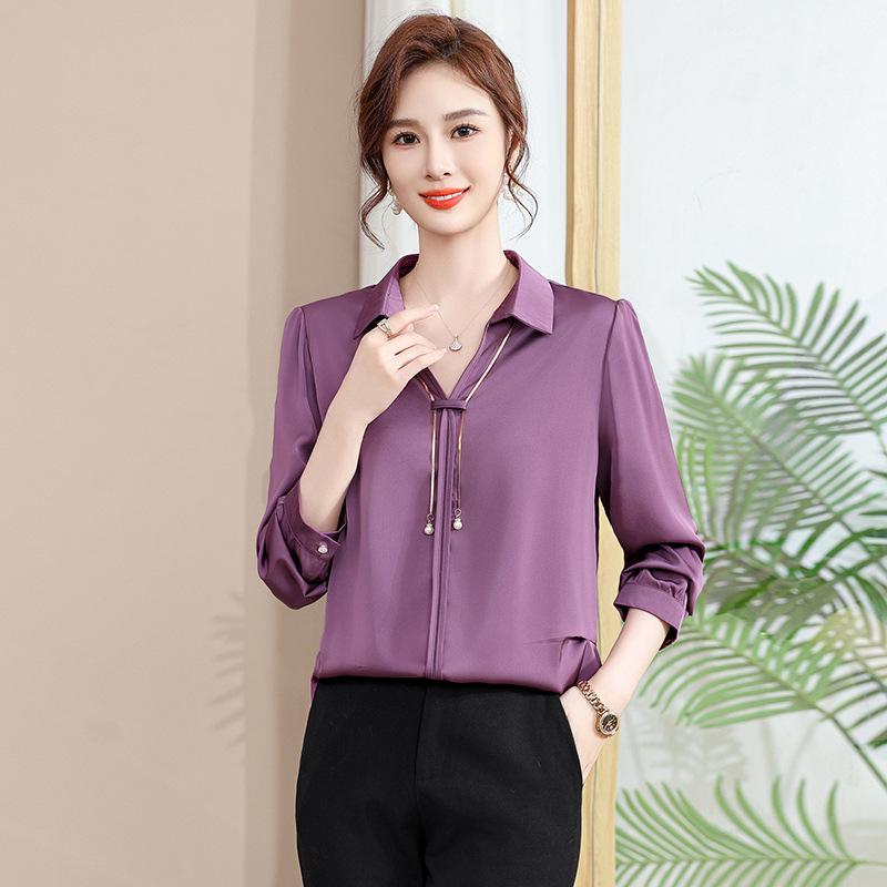 

Модная весенняя рубашка 2025 года для женщин среднего возраста: Шикарный весенне-осенний топ XXL 110-125 jin фиолетовый
