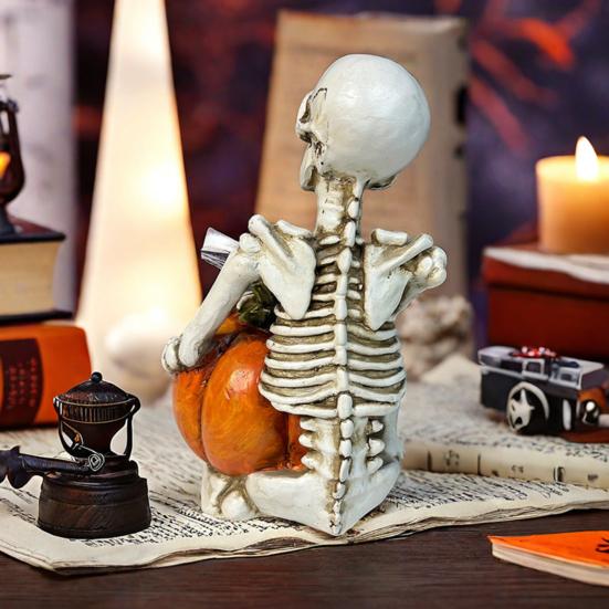 Halloween Skeleton Pumpkin Statue Spooky Pumpkin with Skull/Crow Sculpture Halloween Indoor Resin Ornament for Home Office Desk Decor