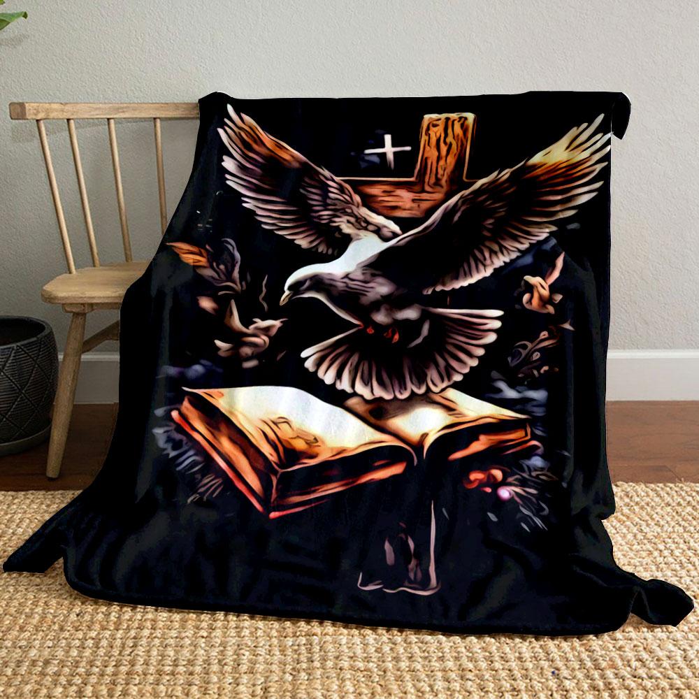 A Dove, an Open Book, and a Wooden Cross with a Glowing Background. for All Seasons Blanket Lunch Break Throw Gift