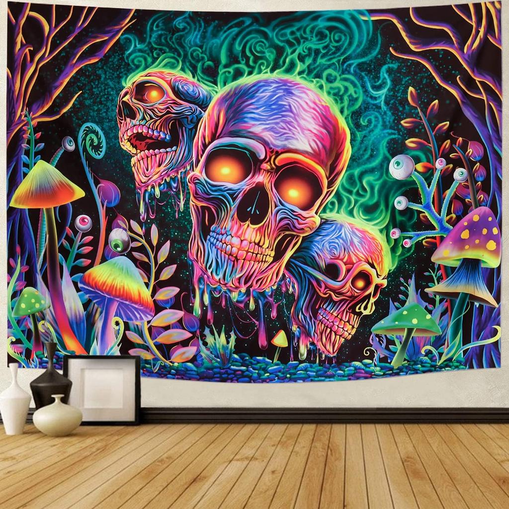 Amonercvita Blacklight Skull Tapestry Trippy Skeleton Wall Tapestries UV Reactive Neon Plants Trees Tapestries Aesthetic Galaxy Space Tapestry Wall
