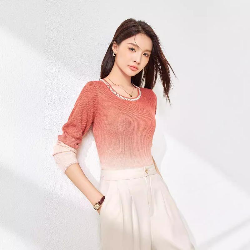 Gradual change color hanging dye sweater women's autumn new silk wool knitted sweater bottoming shirt round neck beaded top