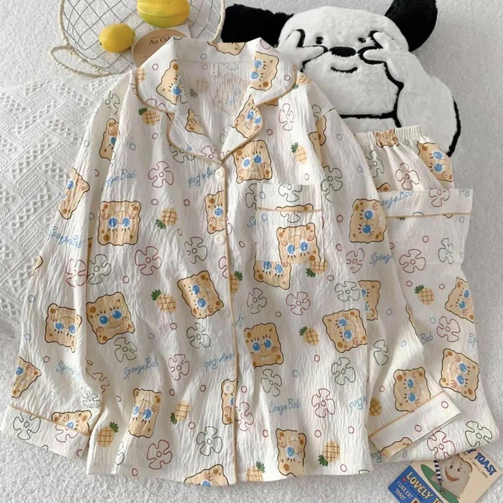 Cloud Cotton Cartoon Pajama Set: Long Sleeve Cardigan and Pants for Women