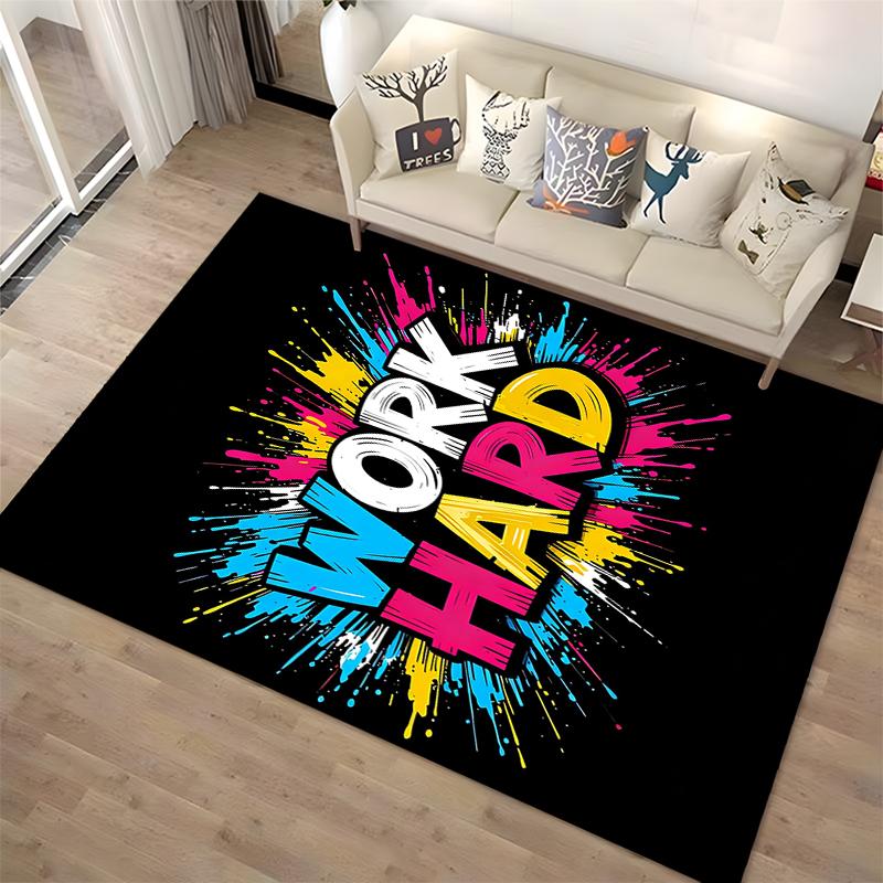Colorful Motivational "Work Hard" Quote Carpet with Splash Design Suitable for Use As an Anti-slip for Living Room Bedroom Sofas