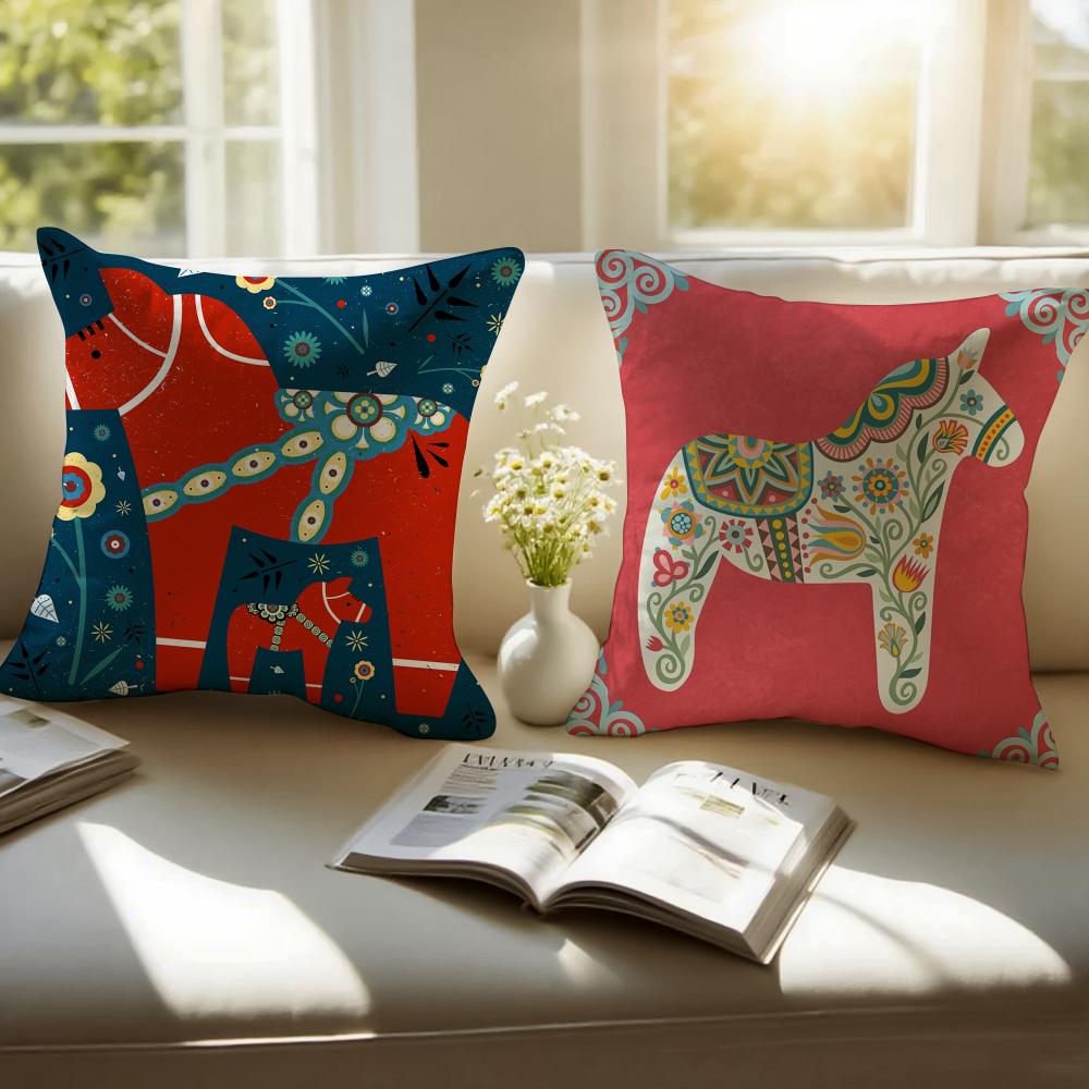 Cute Print Art DDala Horse Cushion Cover Pillowcase Antidustmite Invisible Zipper Short Plush Sofa Cushion