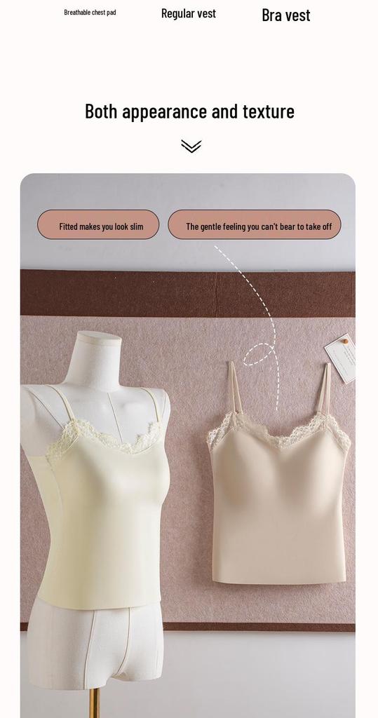 French Lace Camisole Tank Top with Chest Pads, No Bra Needed, Slimming Base Layer.