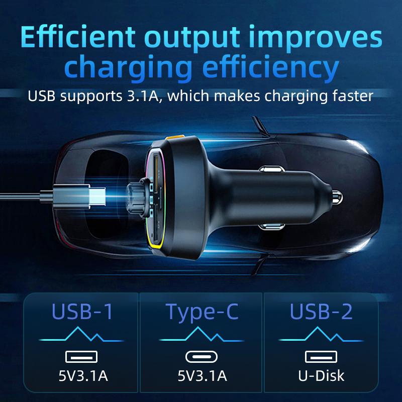 C6 Digital Display FM Car Bluetooth-compatible Transmitter Type-C+2 USB Fast Charger Audio MP3 Player