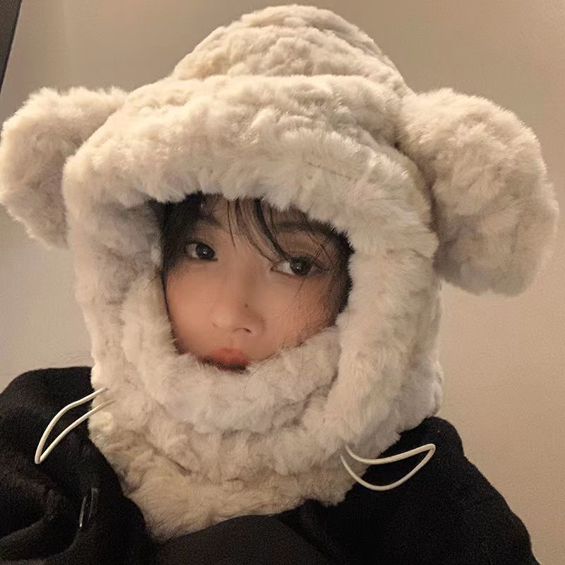 Autumn Winter Women's Cute Thickened Plush Bear Hat Scarf Integrated Korean Style Warm Ear Protection Cycling Lei Feng Cap