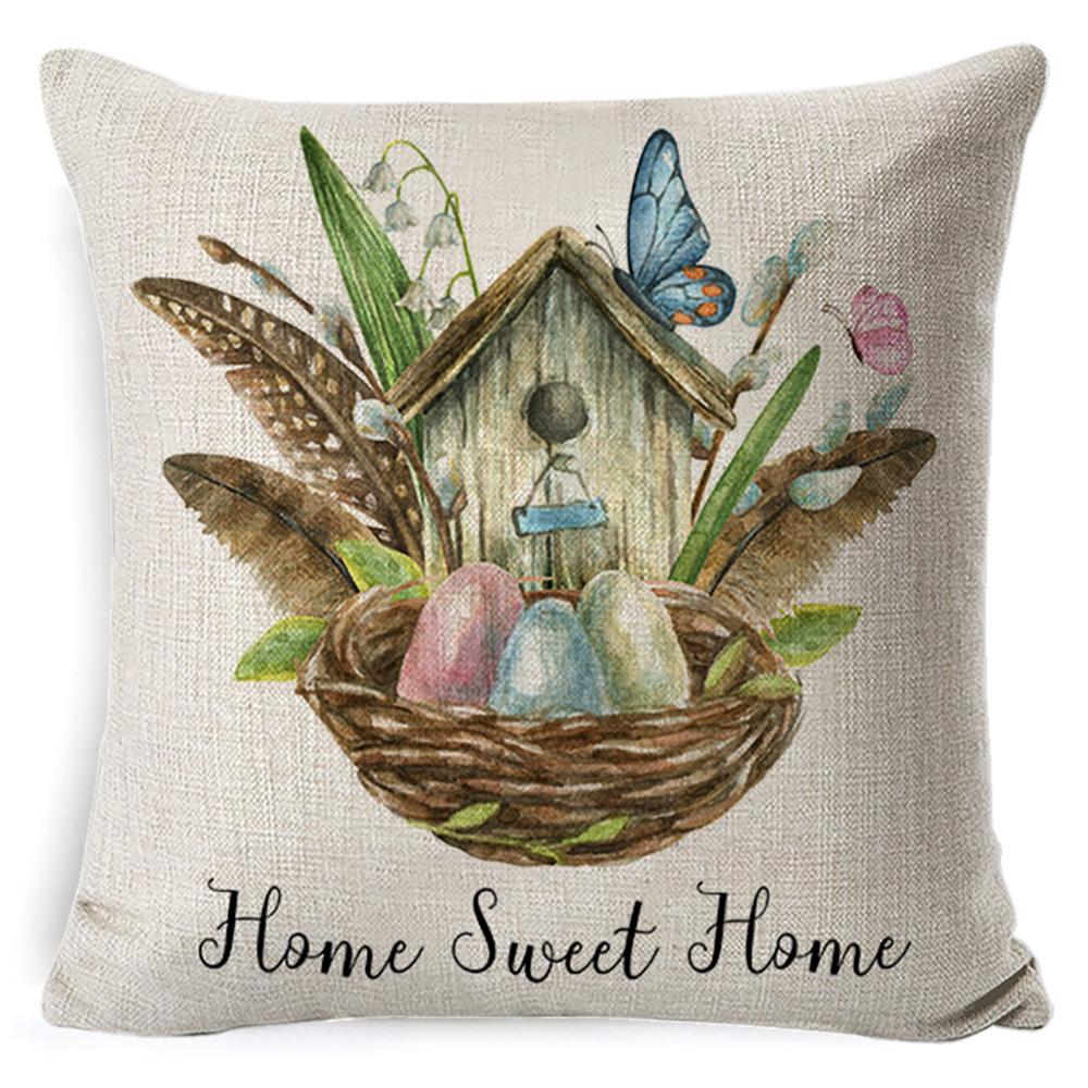 Cartoon Easter Pillow Cover Linen Watercolor Bunny Egg Home Sofa Cushion Cover