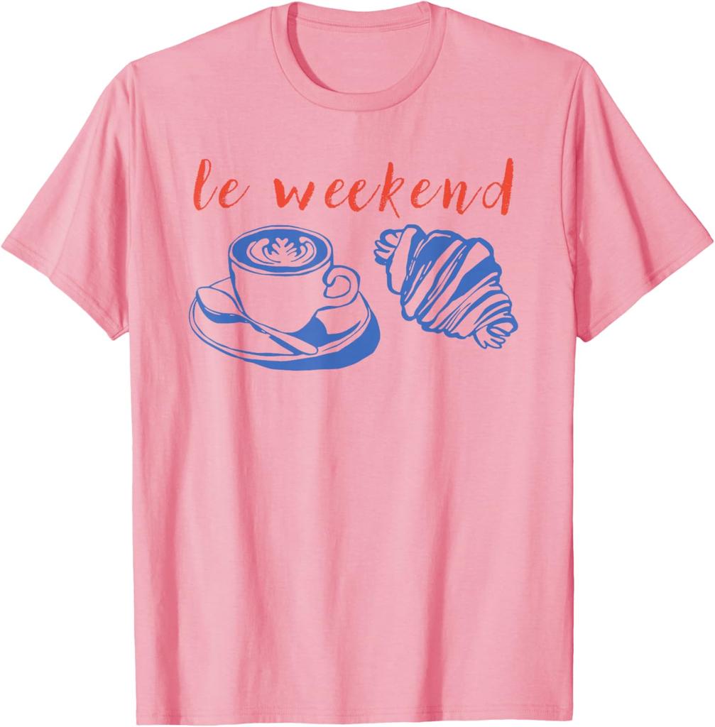 Le Weekend Coffee Croissant Graphic Tee Relaxing Casual Short Sleeve TShirt