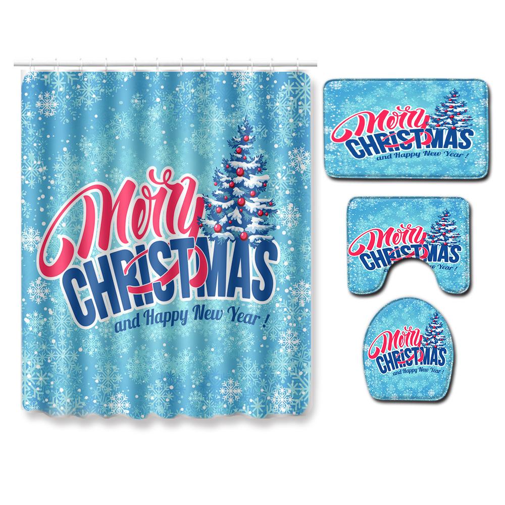 Christmas Shower Curtain Floor Mat Combination Four-Piece Set Bathroom Toilet Carpet Shower Room Mat Foot Mat