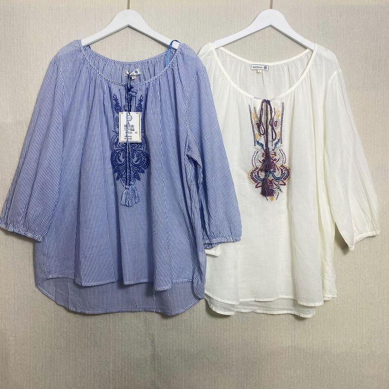 Export Exported To Spain Original Order Leftover Stock Spun Yarn Cotton Cropped Sleeves Shirt Women's Round Neck Embroider Light and Cool Summer