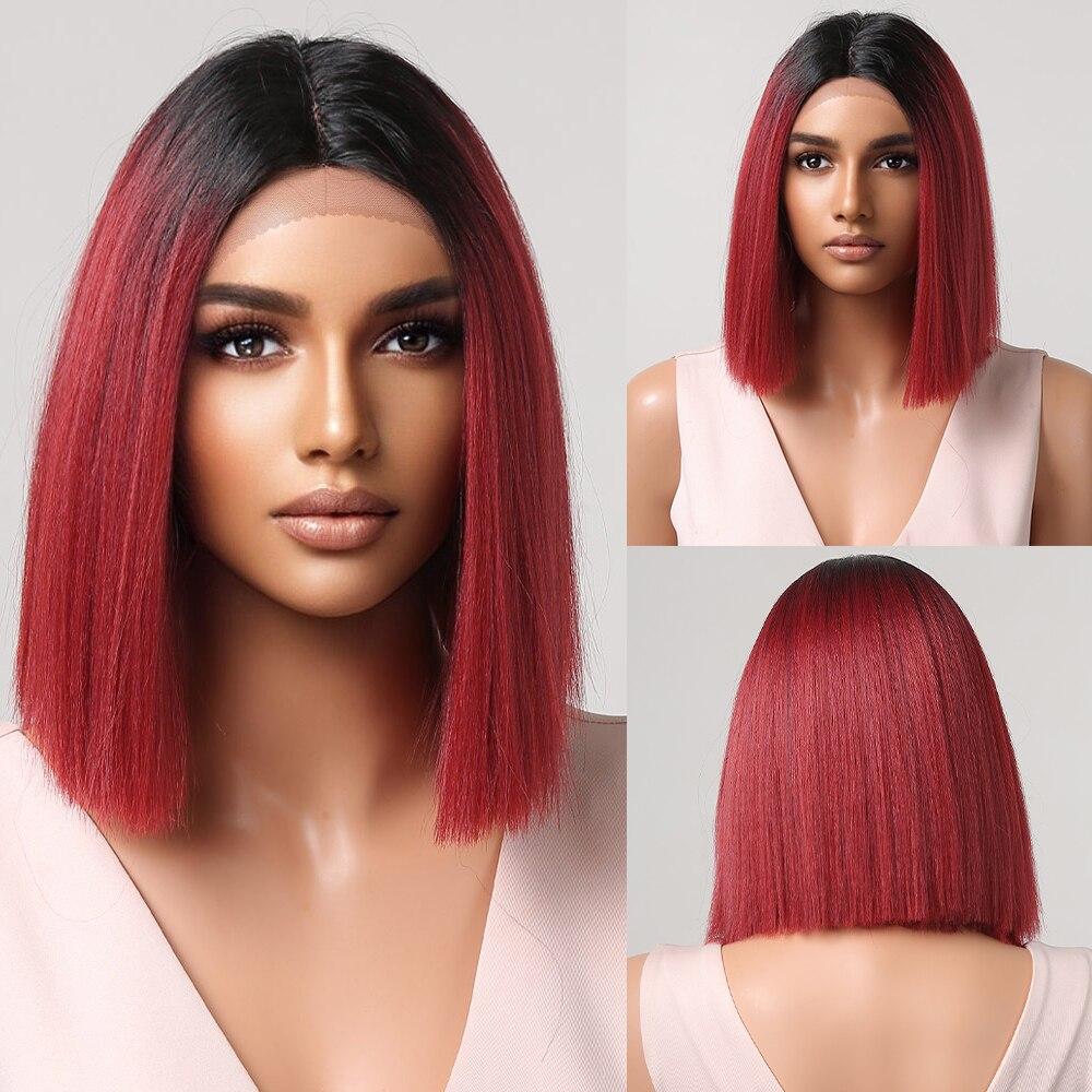 LOUIS FERRE Perruque Bob Lace Front Wig synthétique courte et lisse, perruque Lace Front Wig marron clair avec raie centrale pour femmes, perruque de Cosplay haute densité