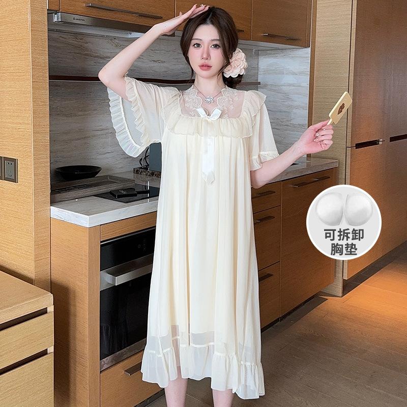 Summer Style Solid Color Lace Bow Mesh Court Princess Style Medium Long Nightdress Pajamas Loungewear