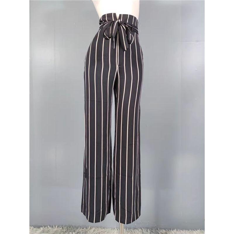 

Trade European and American Style Street Personality Black and White Contrast Color Stripe Lace-up Waist Hugging Wide Leg Pants Casual Pocket Pants Black and White Stripes XL(14)