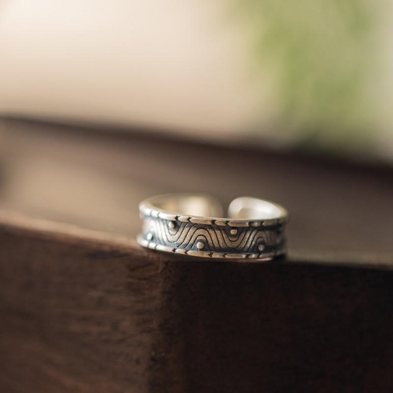 Adjustable Open Ring Men Women Sterling Geometric Wave Vintage Boho