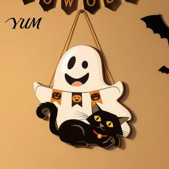 Wooden Hanging Sign for Front Door Cute White Ghost Hanger with Black Cat BOO Gift Halloween Party Banner, Waterproof Plaque Farmhouse Holiday