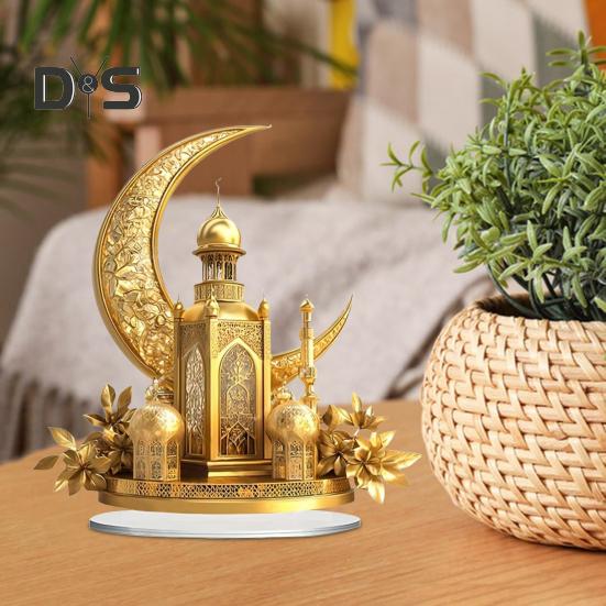 Acrylic Moon Castle Ornament 2D Flat Golden Crescent Moon Mosque Table Sign Holiday Party Home Office Living Room Bedroom Desktop Decoration