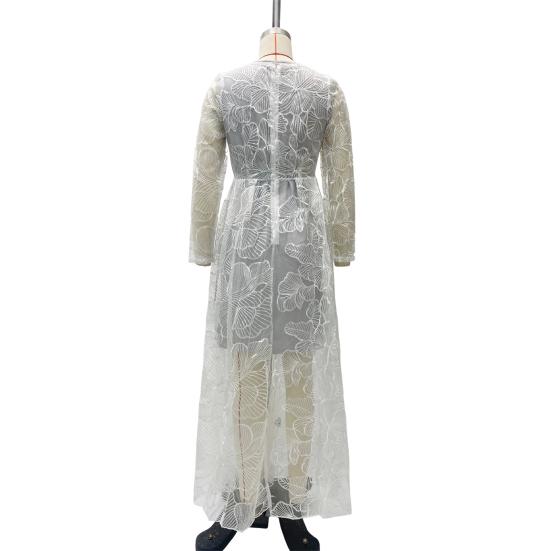 Women Evening Dress Deep V Neck Lace Floral Embroideried Maxi Dress A-line Big Swing Long Lantern Sleeves High Waist Pleated Ball Gown Prom