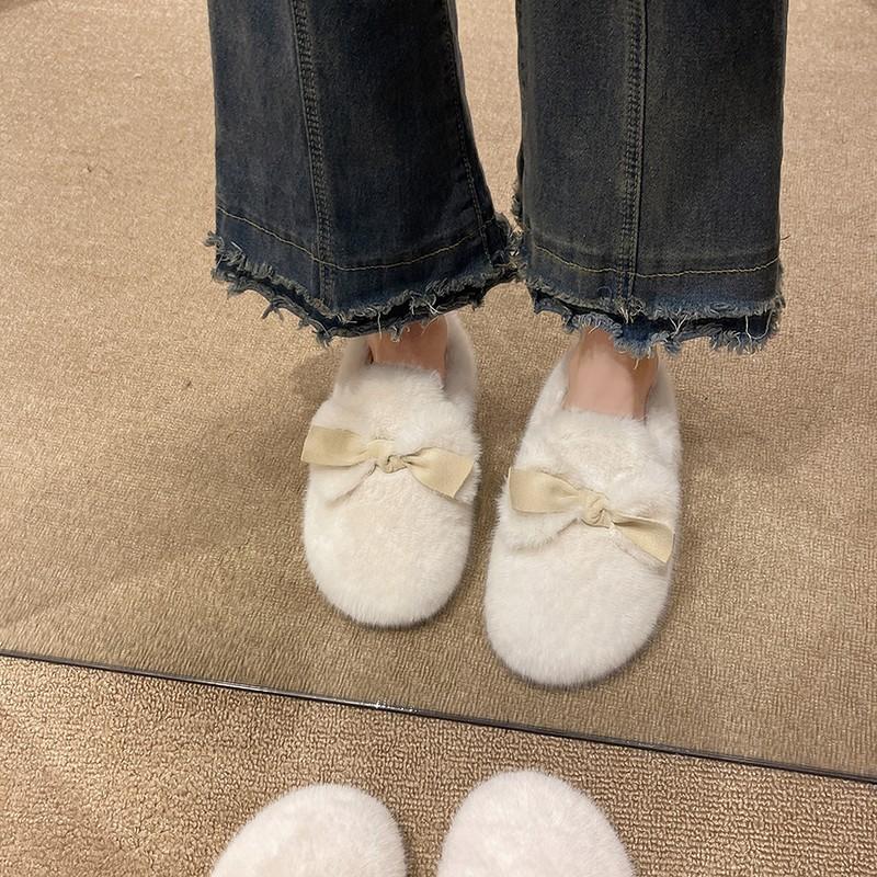 Fashion Flat-bottomed One-pedal Velvet Doudou Cotton Shoes for Women To Wear New Autumn and Winter Bow Warm Fluffy Shoes