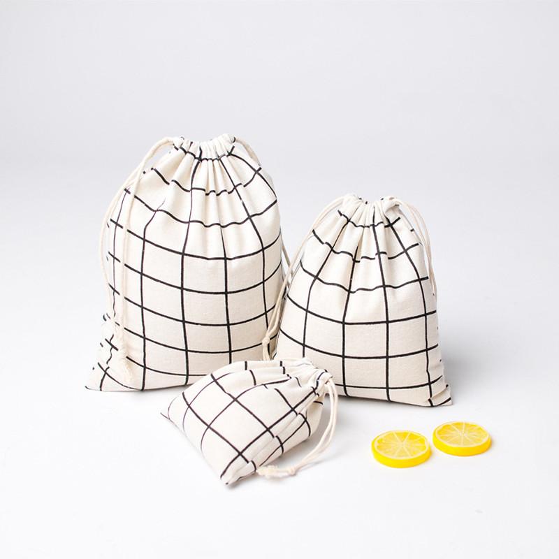 Cotton Linen Grid Storage Bag With Drawstring For Travel And Home Organization