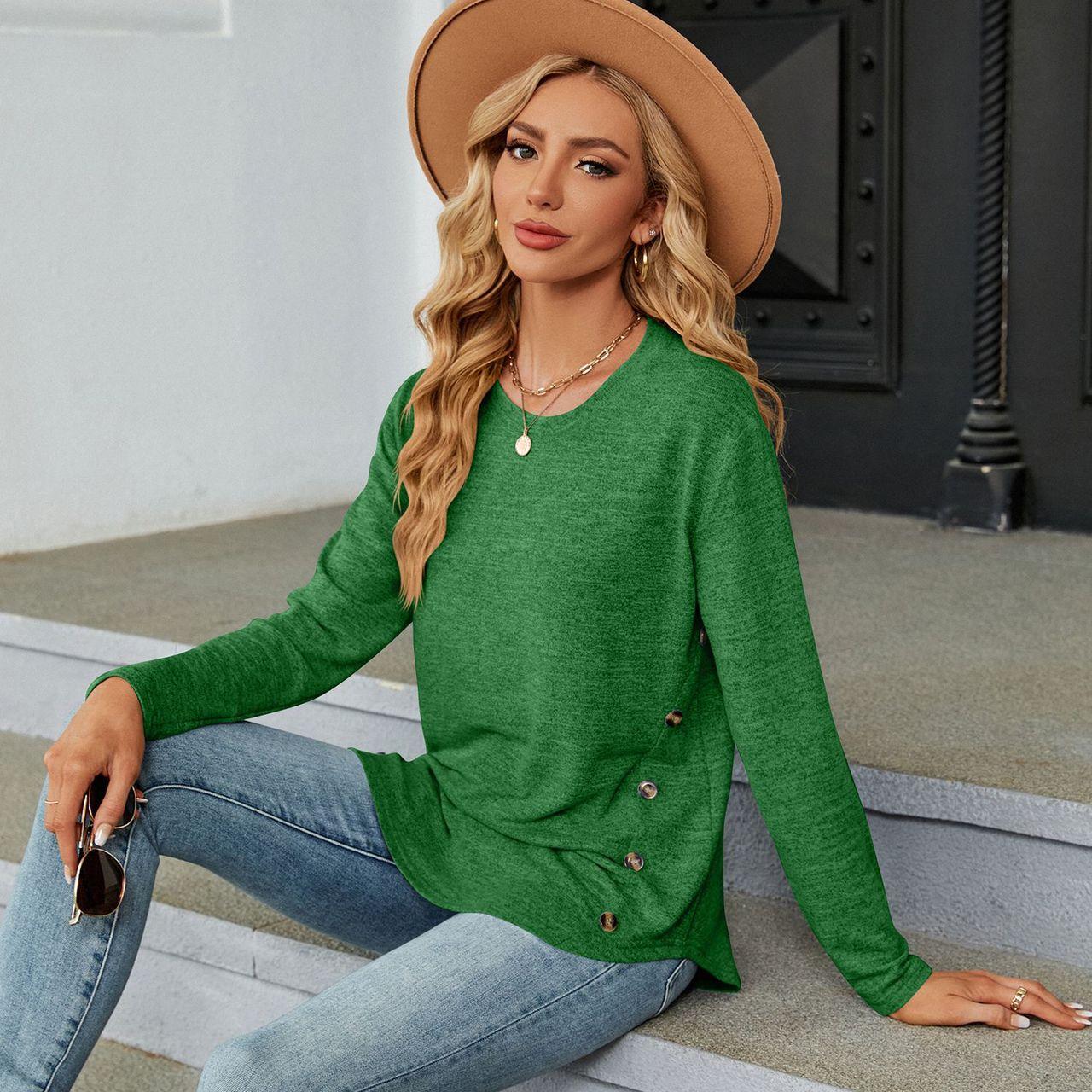 

Женская осенне-зимняя однотонная футболка с круглым вырезом и длинными рукавами на пуговицах XXL зелёный