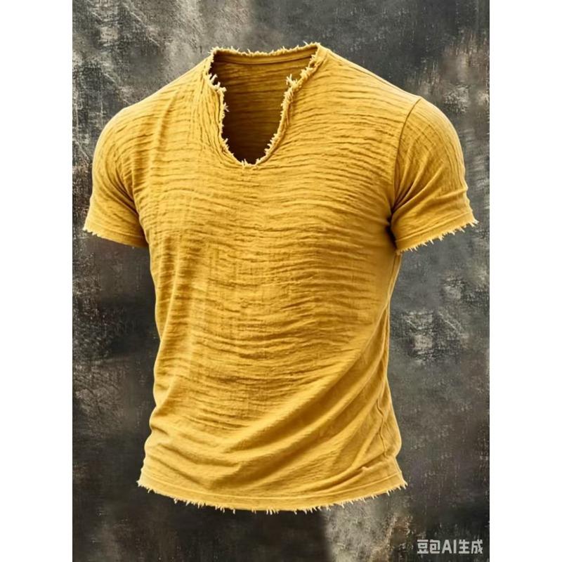 MENFORMAL Heren Khaki Slubtextuur Ruwe Rafelige Rand V-hals T-shirt Verweerd Gerafeld Randje Korte Mouw Casual Vintage Top 4XL geel