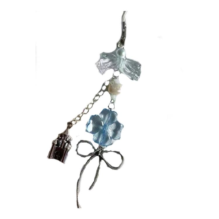 

Portable Blue Four Leaf Clovers Phone Charm With Miniature Castle Decoration Resin Keychain Accessory For Daily Use 1