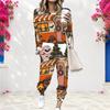 Women Plus Size Round Neck Long Sleeve Cat Printed Cuffed Top And Pants Two Piece Set