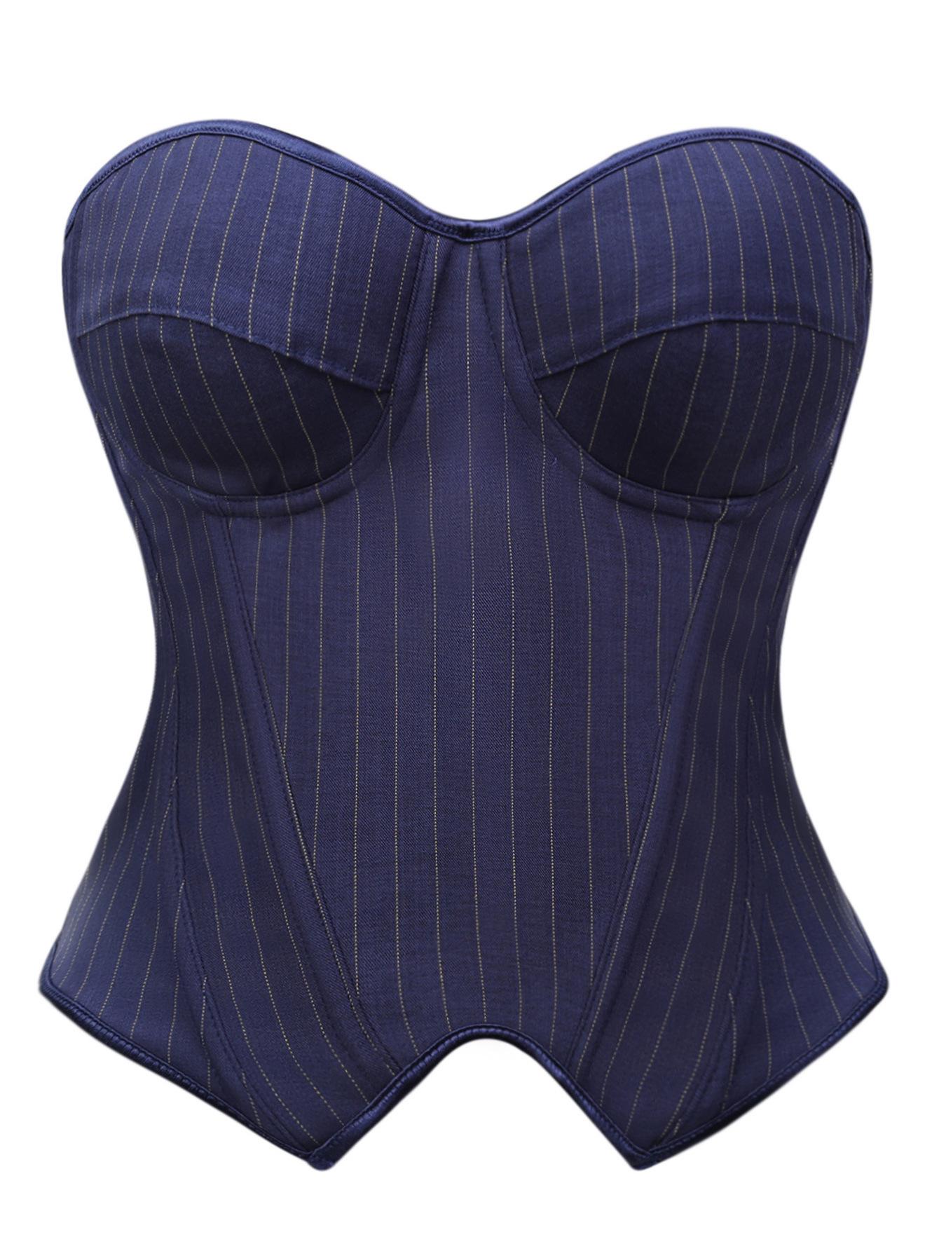 

Court-Style Striped Underwire Bra with Padded Cups and Fishbone Corset for Women - Sexy, Tight-Fitting Shapewear Extra Small темно-синього кольору