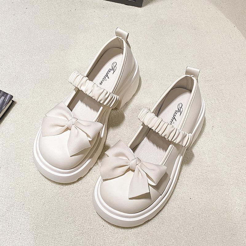 

Туфли Мэри Джейн на платформе из маленькой кожи женские 2025 новые весенние на высоком каблуке с юбочным бантом на толстом каблуке туфли-лодочки 40 бежевый