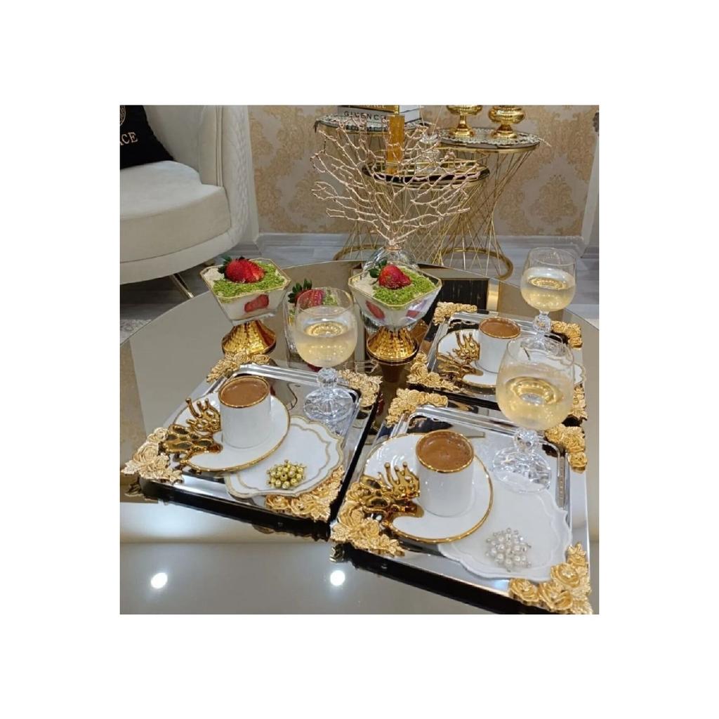 Silver Gold Detailed 18/10 Steel Coffee Presentation Tray 1 Piece