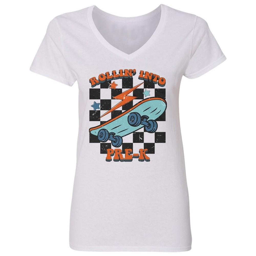 

Rollin Into Pre-K - Funny Back to School Retro Style Ladies V-Neck Tshirt Unisex T-Shirt XL