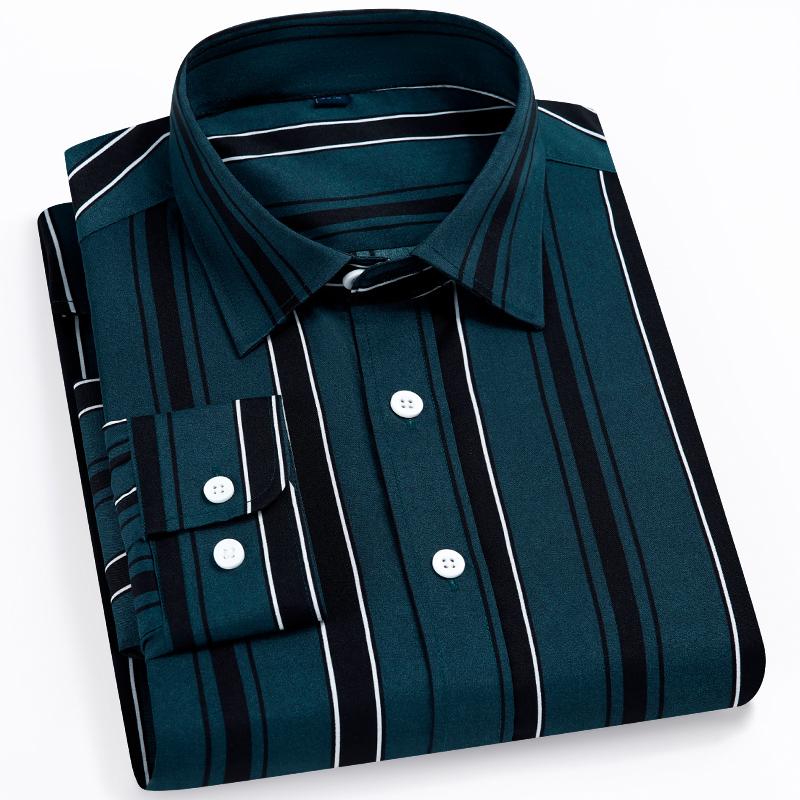 Men‘s Stylish Stretchy Striped Button-Down Shirt - Comfortable Long Sleeve Business & Casual Top - Color Block Design, Spring Summer