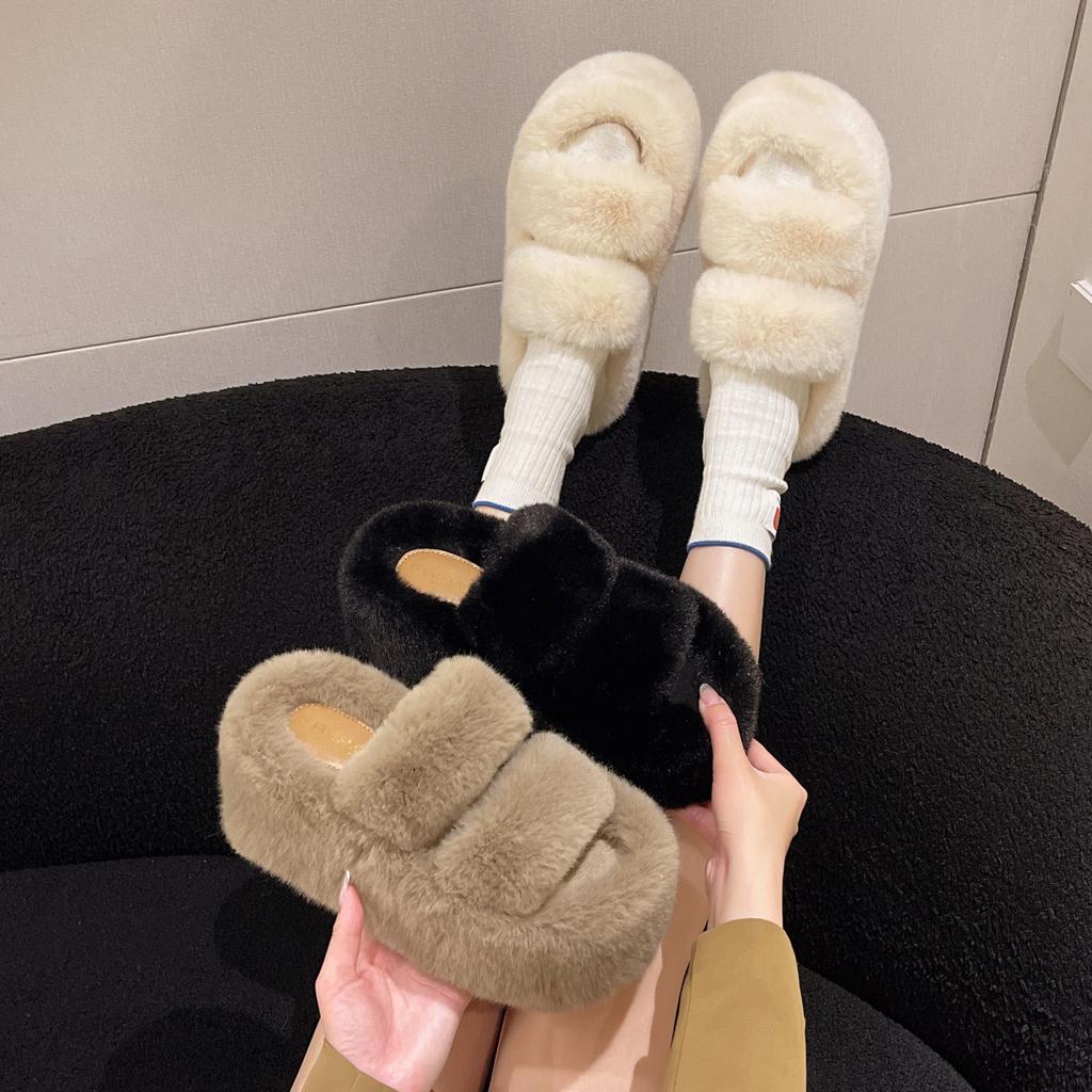 Foreign trade large size thick bottom 9cm fluffy slippers women's 2025 autumn and winter new Korean version versatile plush slippers women
