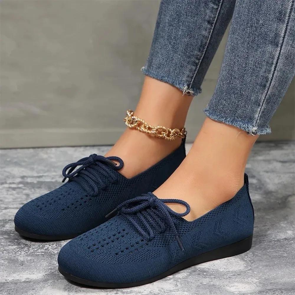 Knitting Mesh Flats Shoes Women Spring Weave Breathable Shoes Fashion Lace Up Shoes Comfort Soft Sole Women's Flat