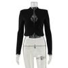 European and American spring women's clothing new fashion temperament solid color stand-up collar hollow cardigan long-sleeved shoulder padded top