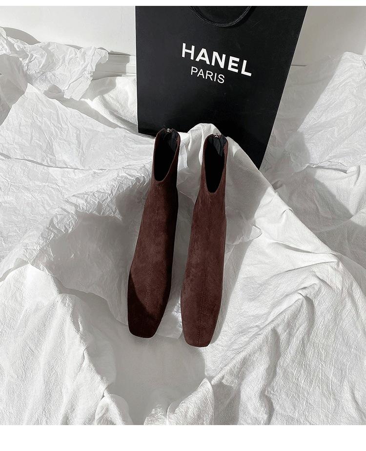 Hnědé krátké boty dámské vysoké podpatky podzim a zima nové semišové zadní zip francouzské malé kotníkové boty silný podpatek elastické čtvercová špička tenké boty