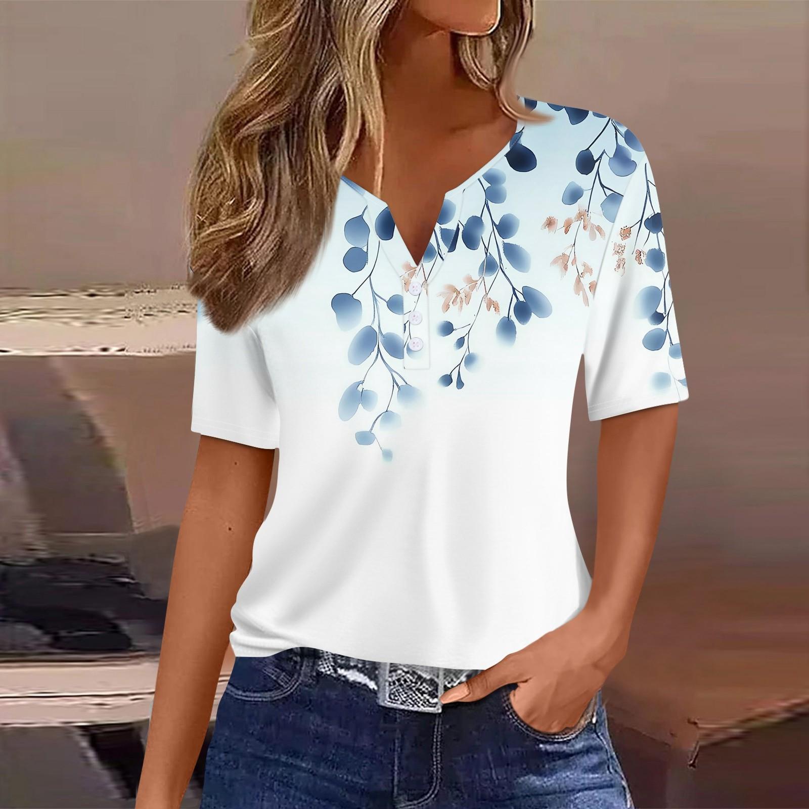 

Женская футболка с принтом на пуговицах, короткий рукав, туника, повседневная, выходного дня, модная, базовая, с V-образным вырезом, стандартный топ M белый