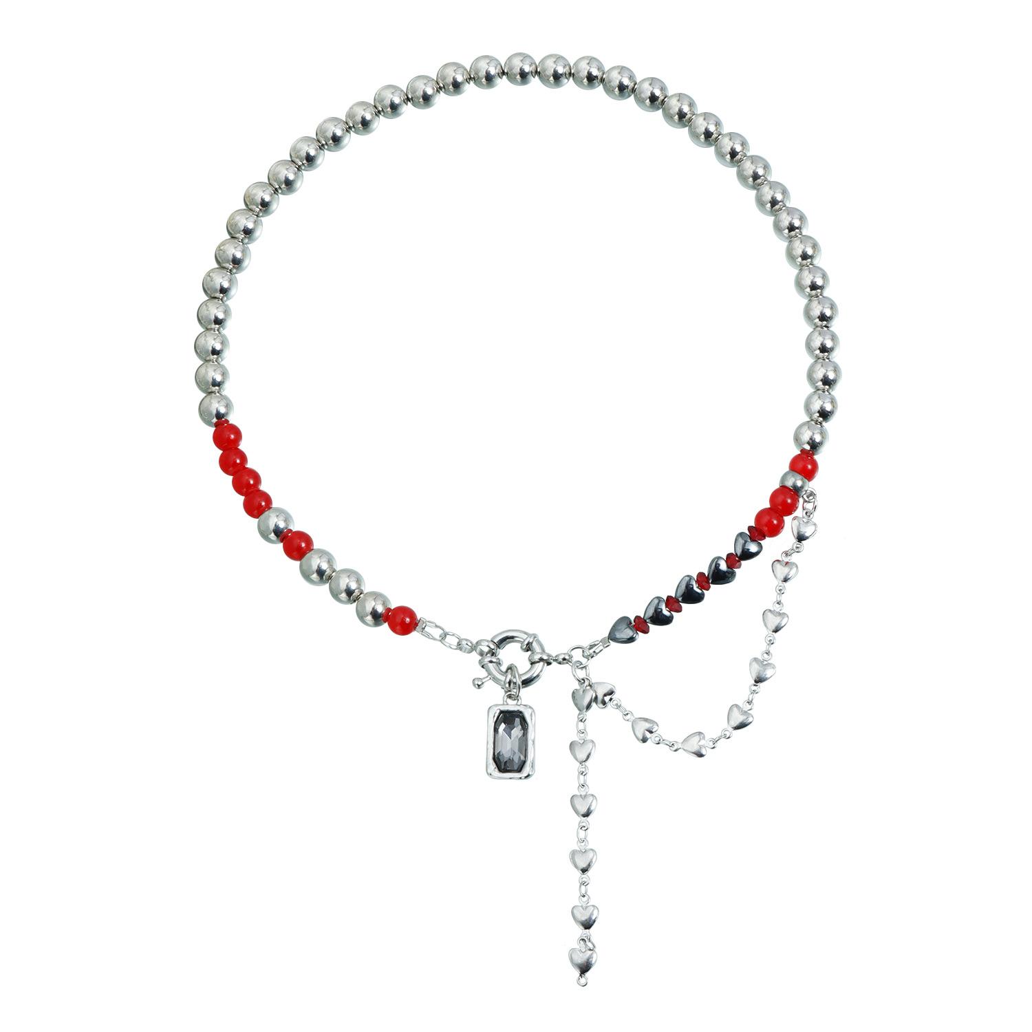 Sweet Cool Black Red Contrast Beaded Necklace, Ins Subculture Heart Tassel Black Diamond Clavicle Chain 1