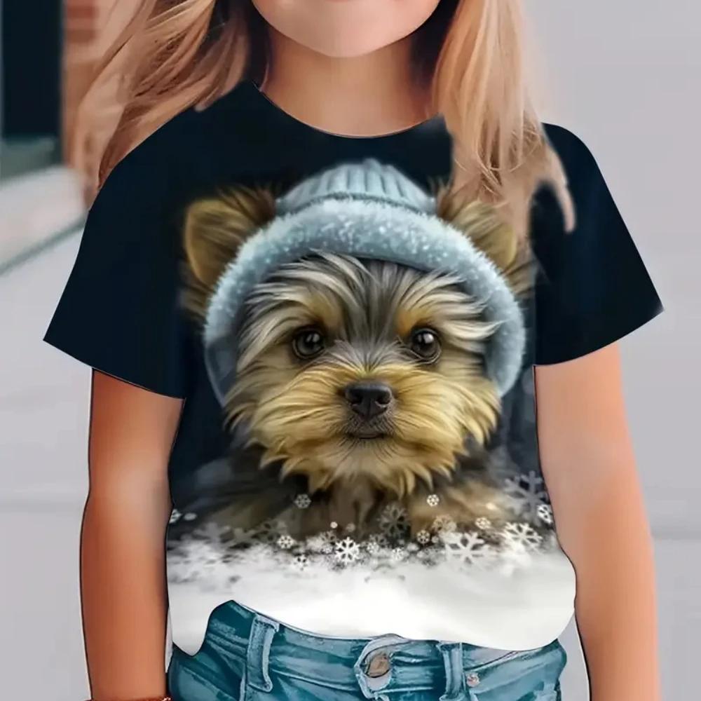 

Летние футболки для девочек с милым 3D-принтом животных (кошка, собака), с круглым вырезом, модные, повседневные, с коротким рукавом 160