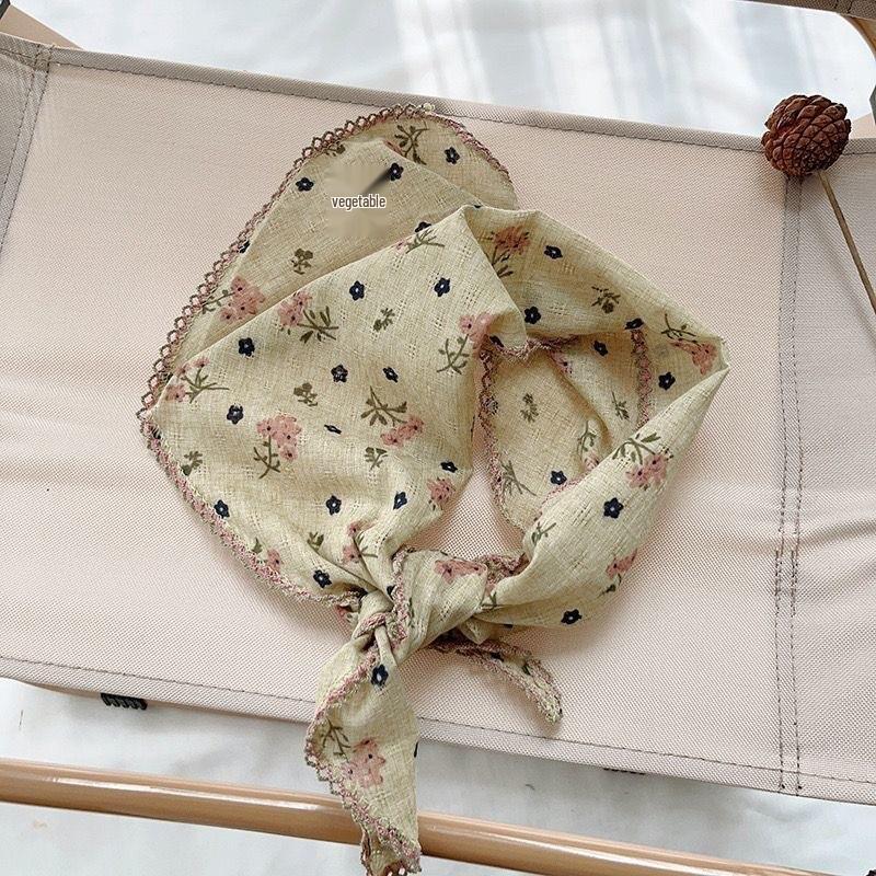 2025 Pastoral Style Lace Triangle Scarf & Plaid Ribbon Hairband